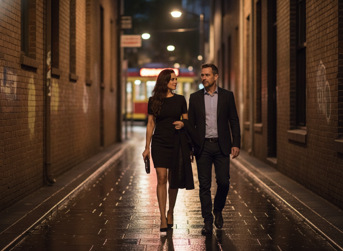 Walking down a Melbourne laneway at night
